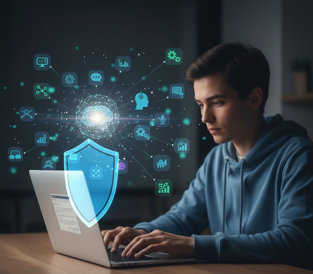 Person using laptop with Cyber Security shield and smart AI icons in the background